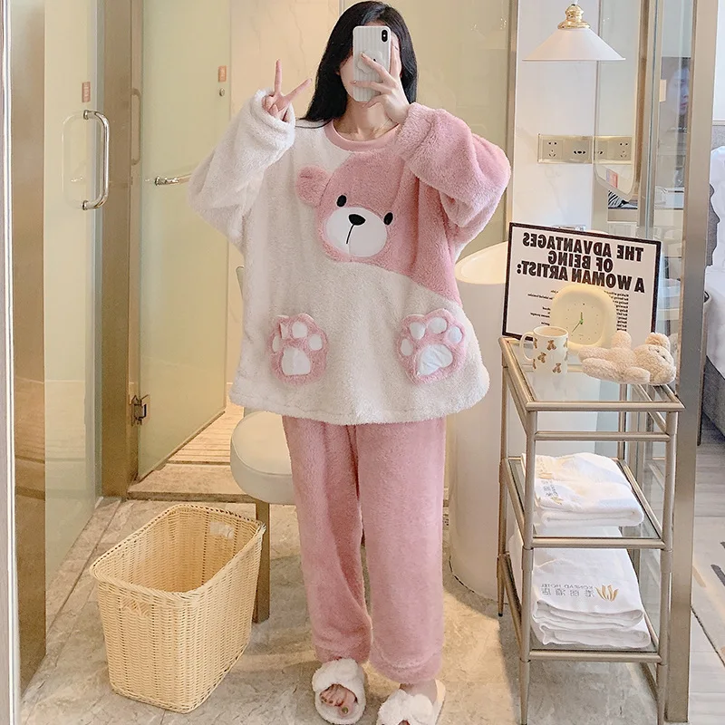 Winter Women's Plush Pajamas Set Sweet Cute Bear Thickened Coral Fleece Sleepwear Cartoon Casual Home Suit Ladies Loungewear
