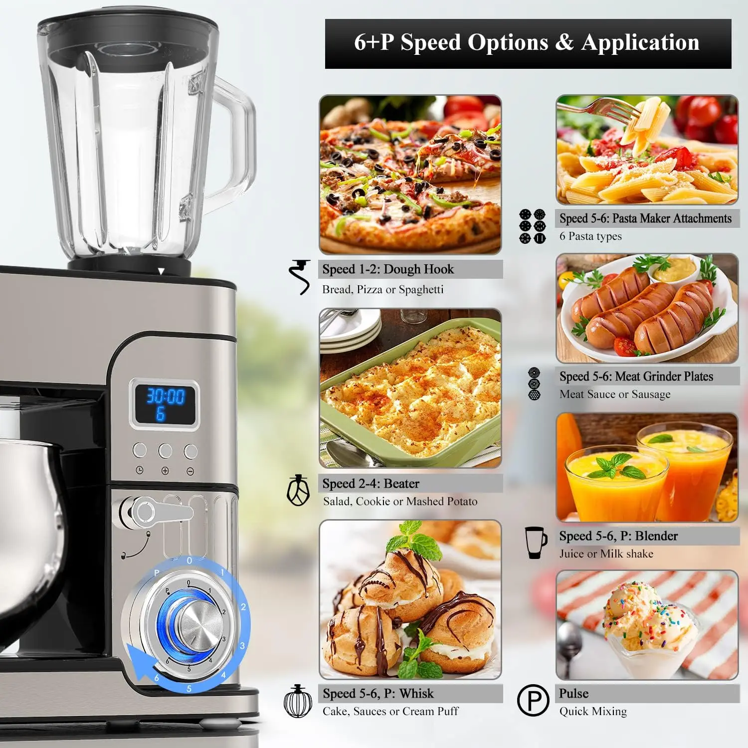 Stand Mixer, LCD Display Kitchen Electric Mixer, 6.5QT Stainless Steel Bowl Multi-Function Kitchen Mixer With Dough Hook,
