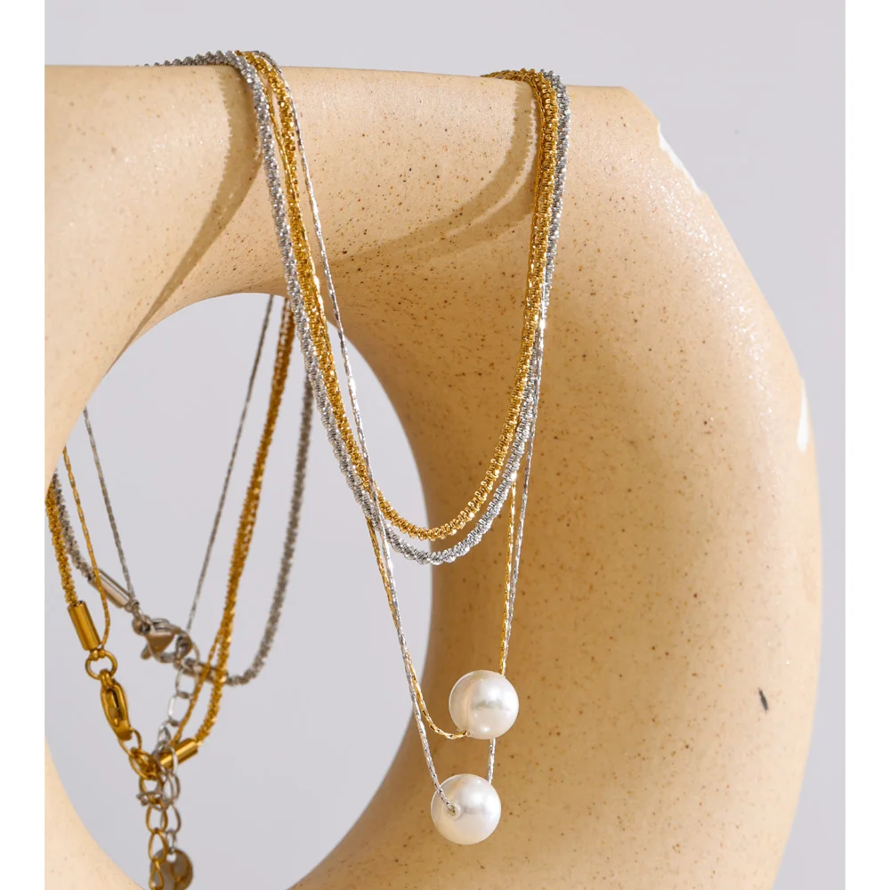 Yhpup Stainless Steel Double-Layer Simulated Pearls Pendant Necklace