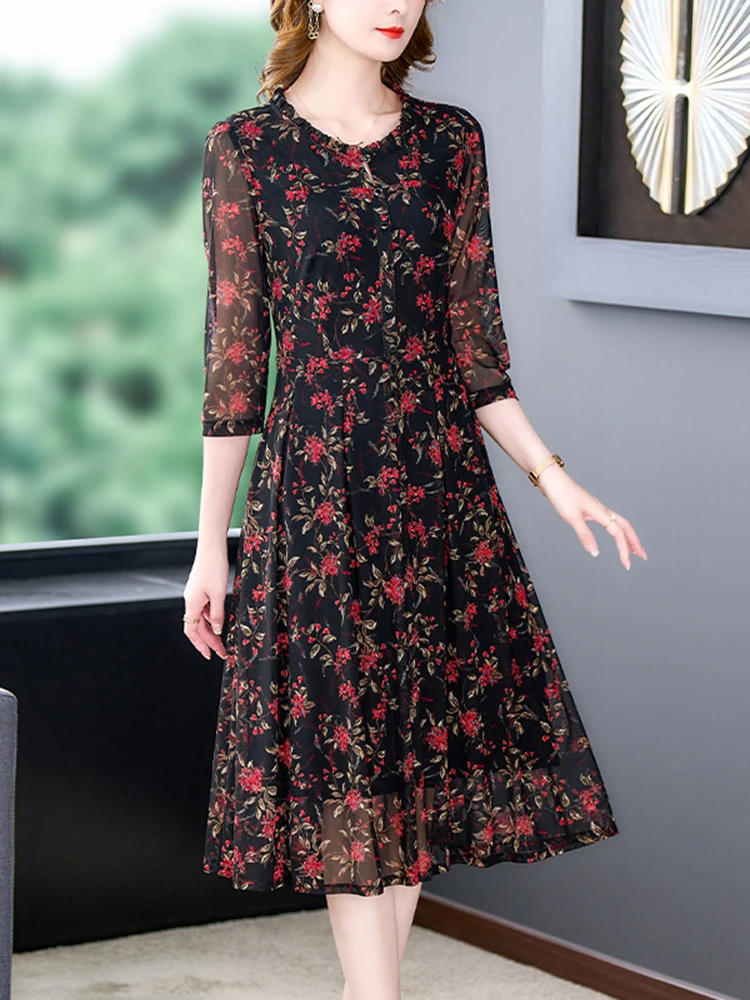 Spring Autumn Floral Mesh Midi Dress Women Korean Vintage Elegant Casual Party Vestidos 2023