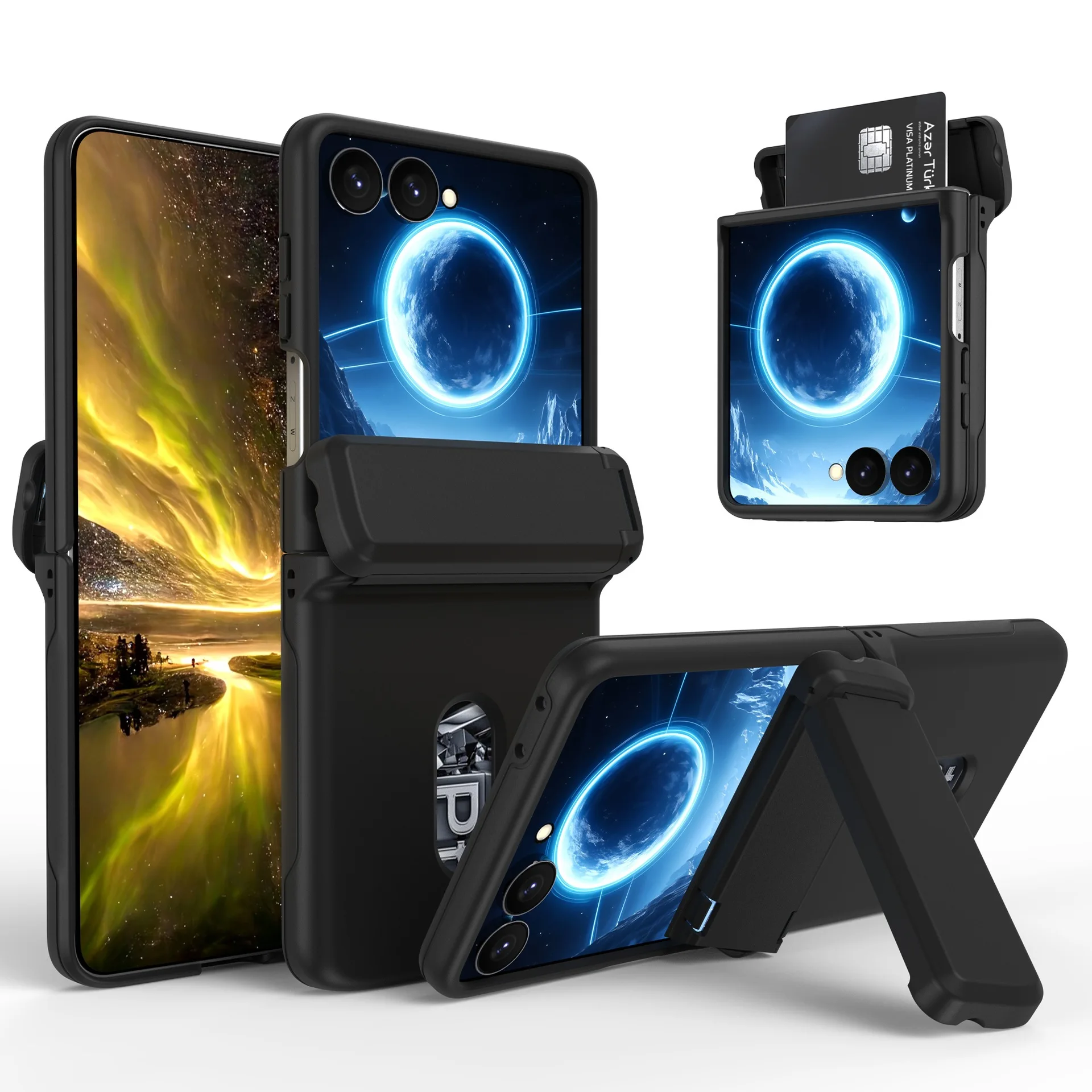 Folding Wallet Card Holder Phone Case with Shockproof Bracket and Hinge Cover