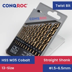 HSS M35 Cobalt Twist Drill Bits Set 13-Size Dia. 1.5&2.0&2.5&3.0&3.2&3.5&4.0&4.5&4.8&5.0&5.5&6.0&6.5mm Straight Shank with Case