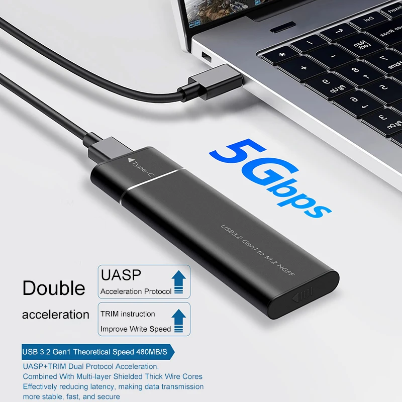 M.2 Solid State Mobile Hard Disk Box USB 3.2 Metal Heat Dissipation External Type-C Interface NGFF/SATA Dual Protocol TN100