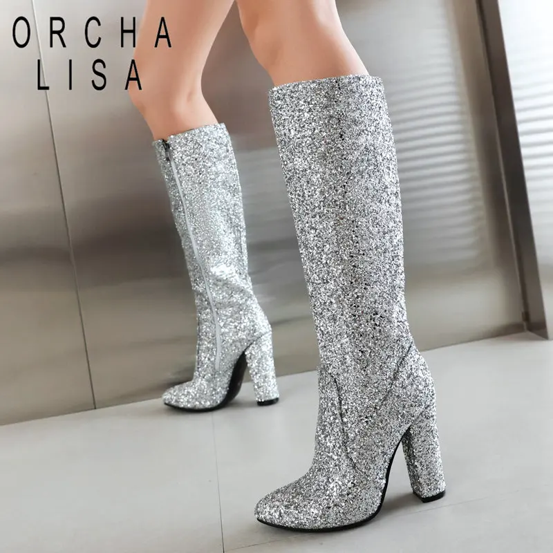 

ORCHA LISA Glitter Women Knee High Boots Pointed Toe Chunky Heels 11cm Zipper Sexy Lady Shoes Party Fashion Bota Big Size 45 46
