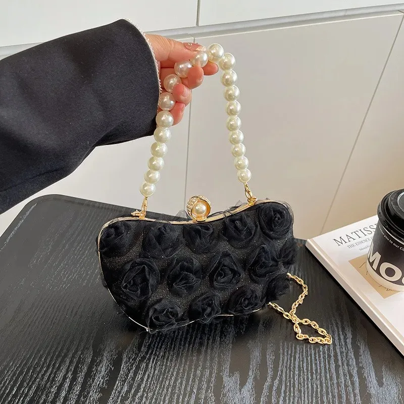 Elegant Evening Clutch Bag Women's New Satin Flower Pearl Chain Handbag Shoulder Ladies Party Banquet Crossbody Bag