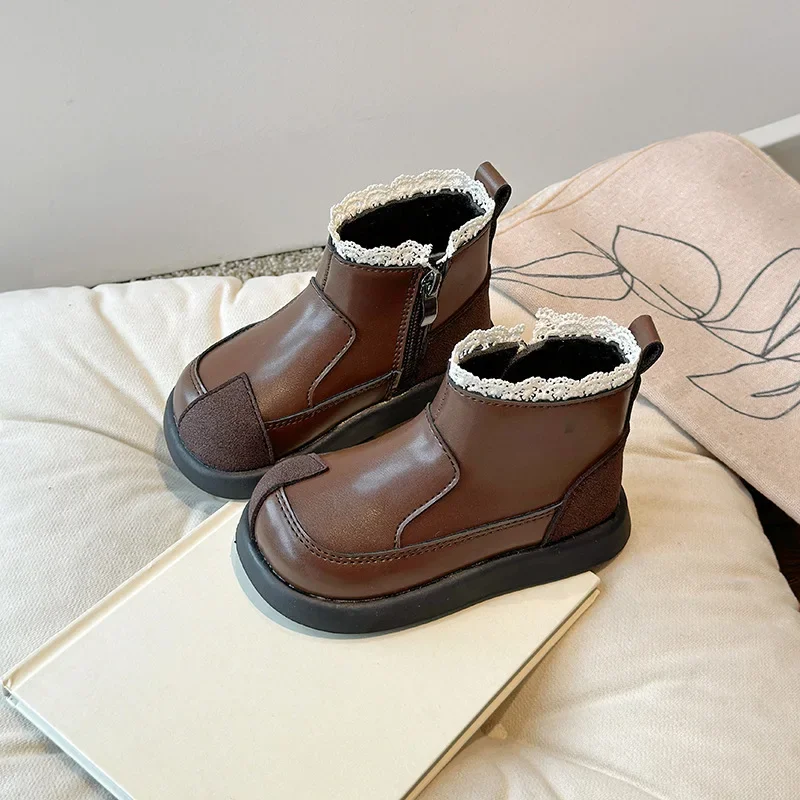 Kids Princess Boots with Cotton Girls Short Boots with Sweet Lace Non-slip 2025 Autumn Winter New Children Ankle Boots Elegant
