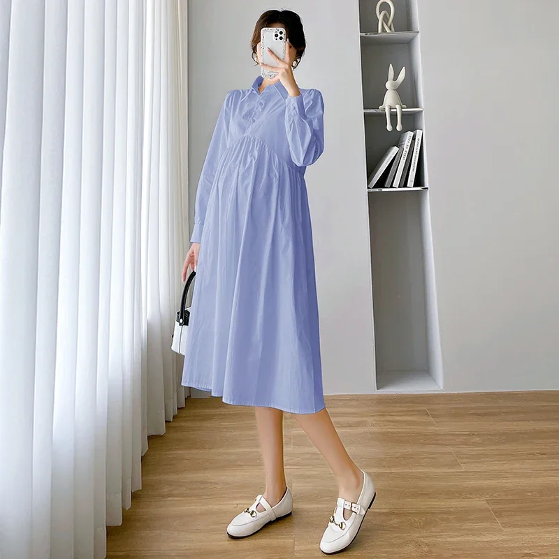 임산부용 코튼 임산부 롱 블라우스, 원피스 우아한 A 라인 느슨한 옷, 임신 의류, 용수철 가을