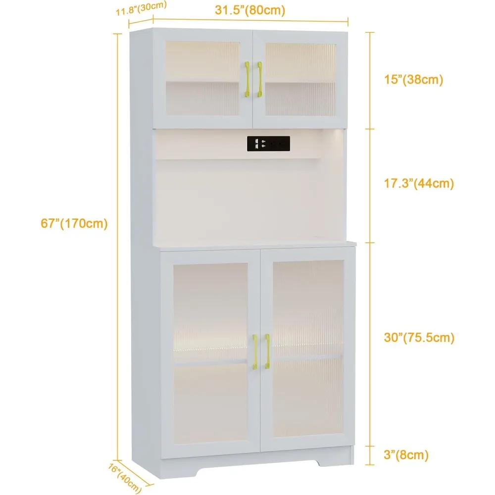67" LED Storage Cabinet with Charging Station, Sockets & USB Ports For Kitchen Pantry, Microwave Hutch, Buffet Sideboard 2