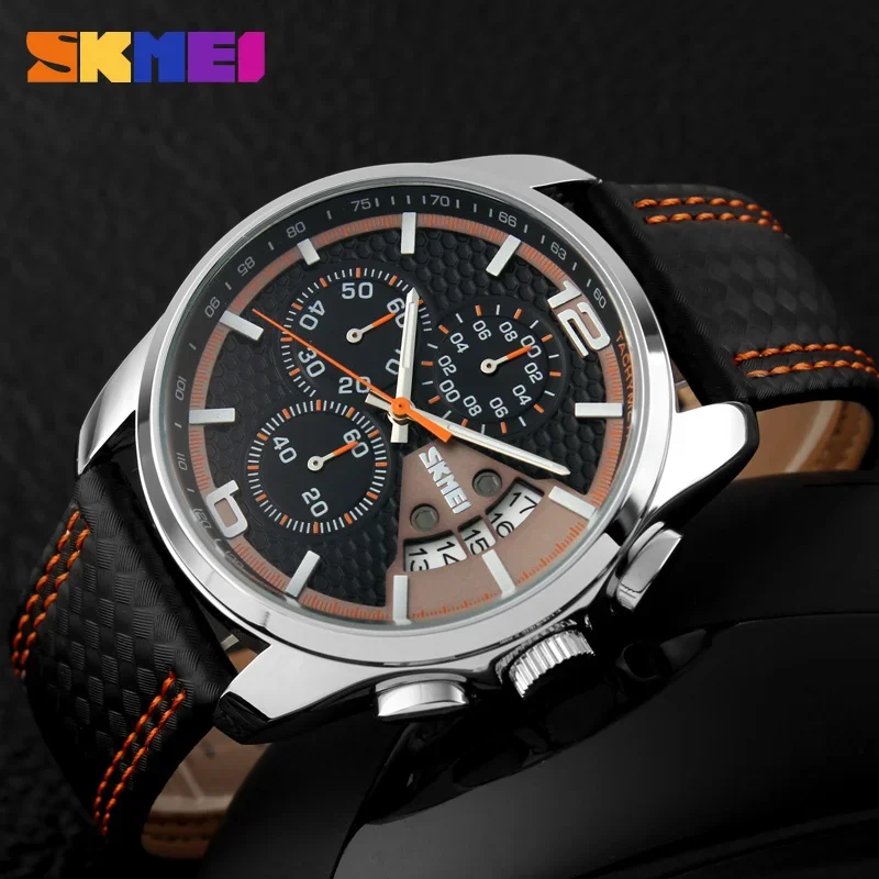 SKMEI 9106 Waterproof Quartz Sport Watch for Men Luxury Leather Date Calendar Stopwatch Wristwatches Mens Shockproof Clock