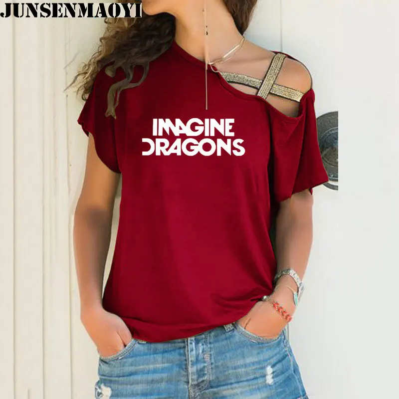 Woman t shirt Imagine Dragons Funny Tee Top Short Sleeve Female clothing T-Shirt Irregular Skew Cross Bandage Tops 3