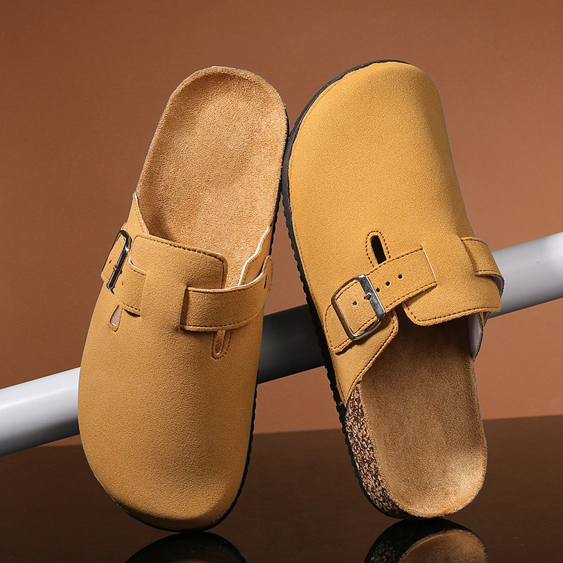 Unisex Suede Clogs with Adjustable Buckle and Cork Footbed