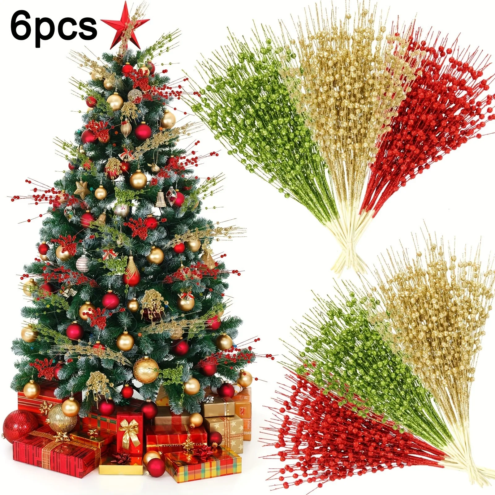 6/12 Stück glitzernde künstliche Beerenstrauß Weihnachtsdekoration Weihnachtsbaumschmuck für Zuhause Zimmer Vase Dekor Neujahr 2026 Geschenke – Detail 7
