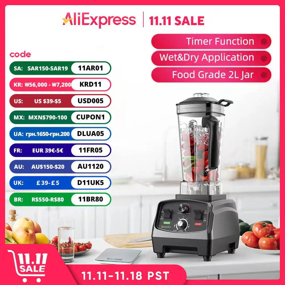 3HP 2200W Heavy Duty Commercial Grade Automatic Timer Blender Mixer Juicer Fruit Food Processor Ice Smoothies BPA Free 2L Jar