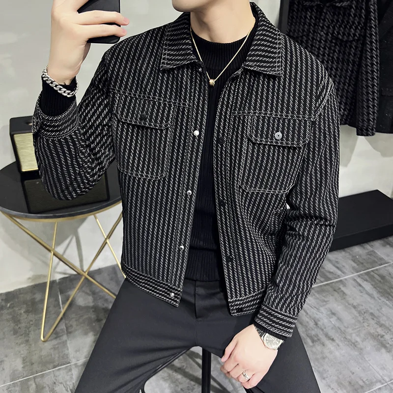

Springautumn High-grade Leather Jacket for Men Slim Fashion Lapel Short Striped Thick Fleece European American Simple Warm Coat