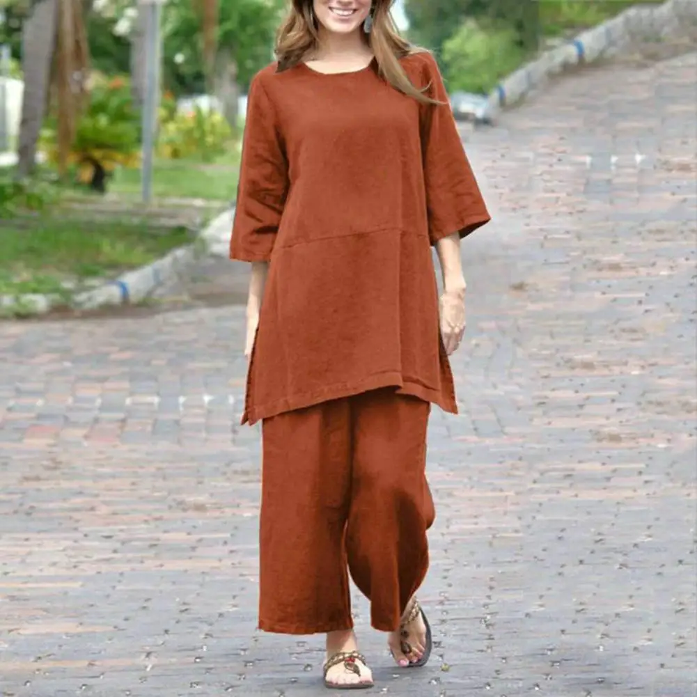 

Women Summer 2-piece Set Ladies Suit Vintage-inspired 2-piece Set Loose Round Neck Top Wide Leg Pants for Women for Autumn