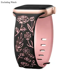 Engraved Floral Bands Bracelet for Smartwatch - Women's Versatile Strap (Black pink)
