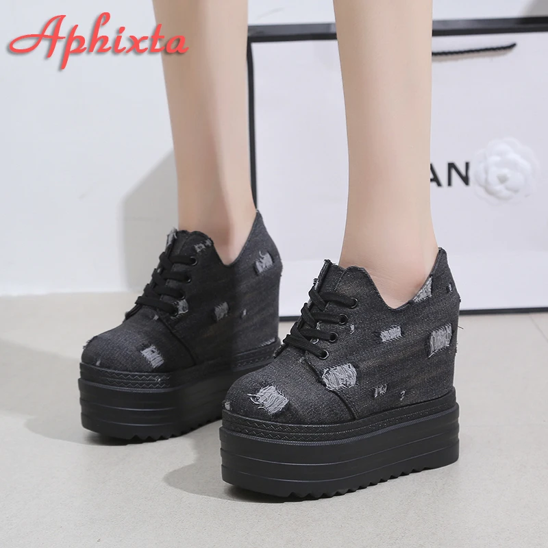 Aphixta Blue Denim Upper Platform Ankle Boot Height Increasing Women Back Zip Shoes Thick Botton Sole Lace Up botas mujer