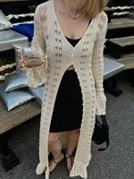 Puloru Hollowed Crochet Knit Long Cardigans for Women Ladies Autumn Chic Flare Sleeves V Neck Buttons Outwear for Streetwear 2