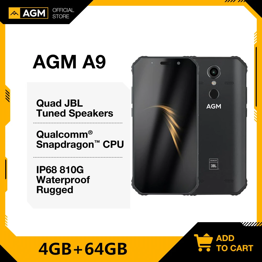 OFFICIAL AGM A9 JBL Co-Branding 5.99" FHD+ 4G+64G Android 8.1 Rugged Phone 5400mAh IP68 Waterproof Smartphone Quad-Box Speakers android 10 cellphones