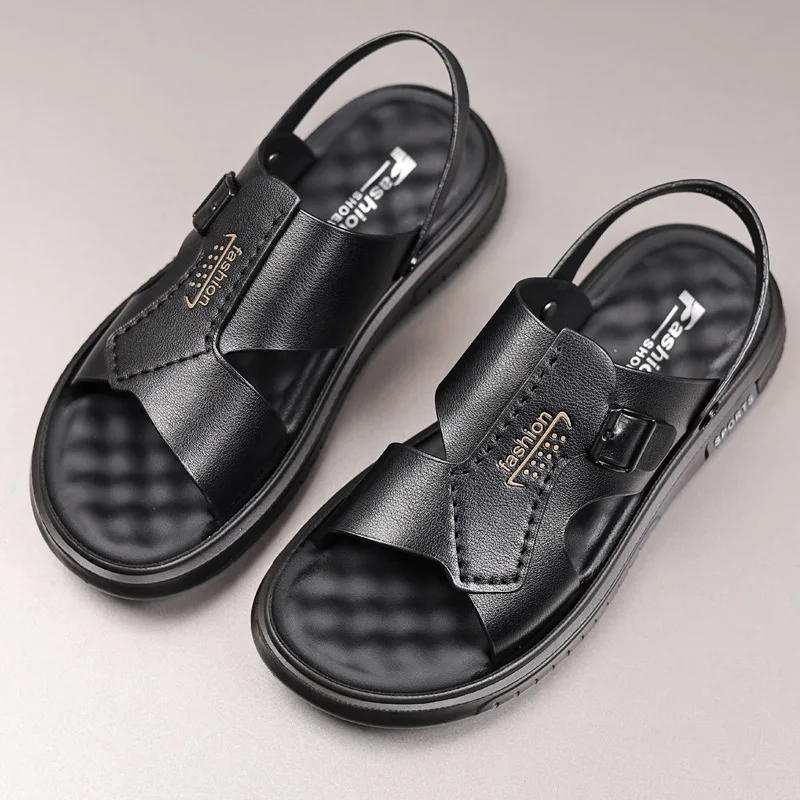 Leather Men's Sandals 2026 Summer New Double Outdoor Beach Shoes Youth Middle-aged Comfortable Cool Slippers Fashion Style