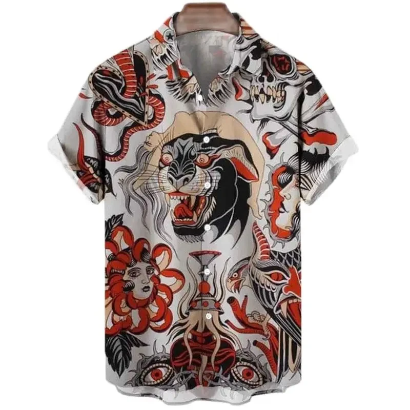 Animal Elements Pattern Shirts For Men Clothing 3d Print Tiger T-shirt Streetwear Fashion Trend Short Sleeve Men's Buttons Shirt 5