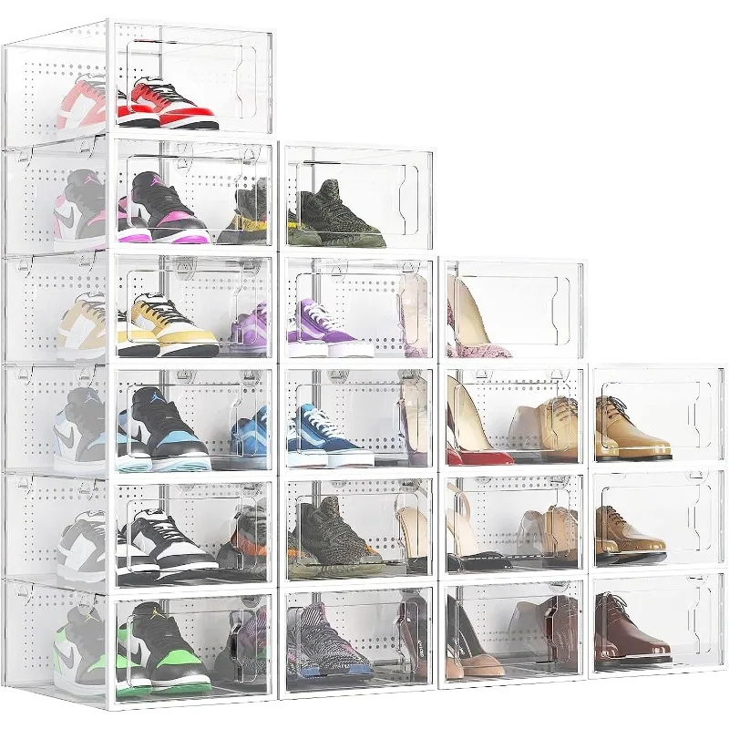 Shoe Boxes Clear Plastic Stackable, 18 Pack Premium Shoe Organizer Storage for Closet Space Saving Foldable Rack Containers