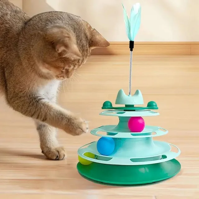 Interactive Cat Toy Tower Kitten Turntable Track Roller Balls Toys With Feather Pets Training Supplies Toy For Cat Tower 1