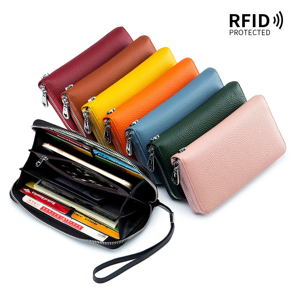 Portafoglio da donna in vera pelle con funzione RFID, design di lusso, borsa a mano con cerniera lunga, porta carte in pelle bovina, borsetta alla moda femminile_voghion.com