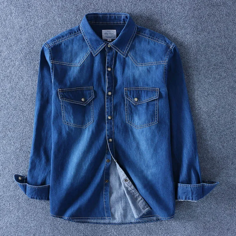 Schinteon Spring Autumn Men Denim Thin Shirt Long Sleeve Soft Cotton Two Pockets Slim Slight Elastic Jeans Cowboy 4XL