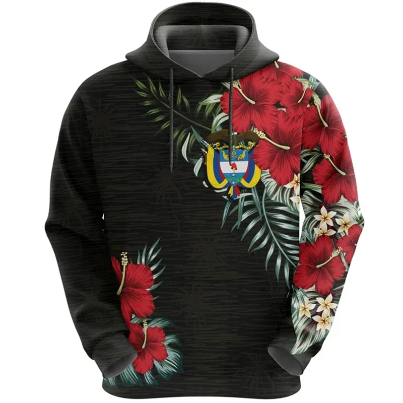 thumbnail image 1 of Sudadera con capucha con estampado 3D de la bandera de Colombia y emblema nacional, sudadera con capucha con estampado de flor de hibisco, ropa para hombre, chándal de manga larga, sudaderas con capuc, 1 of 5