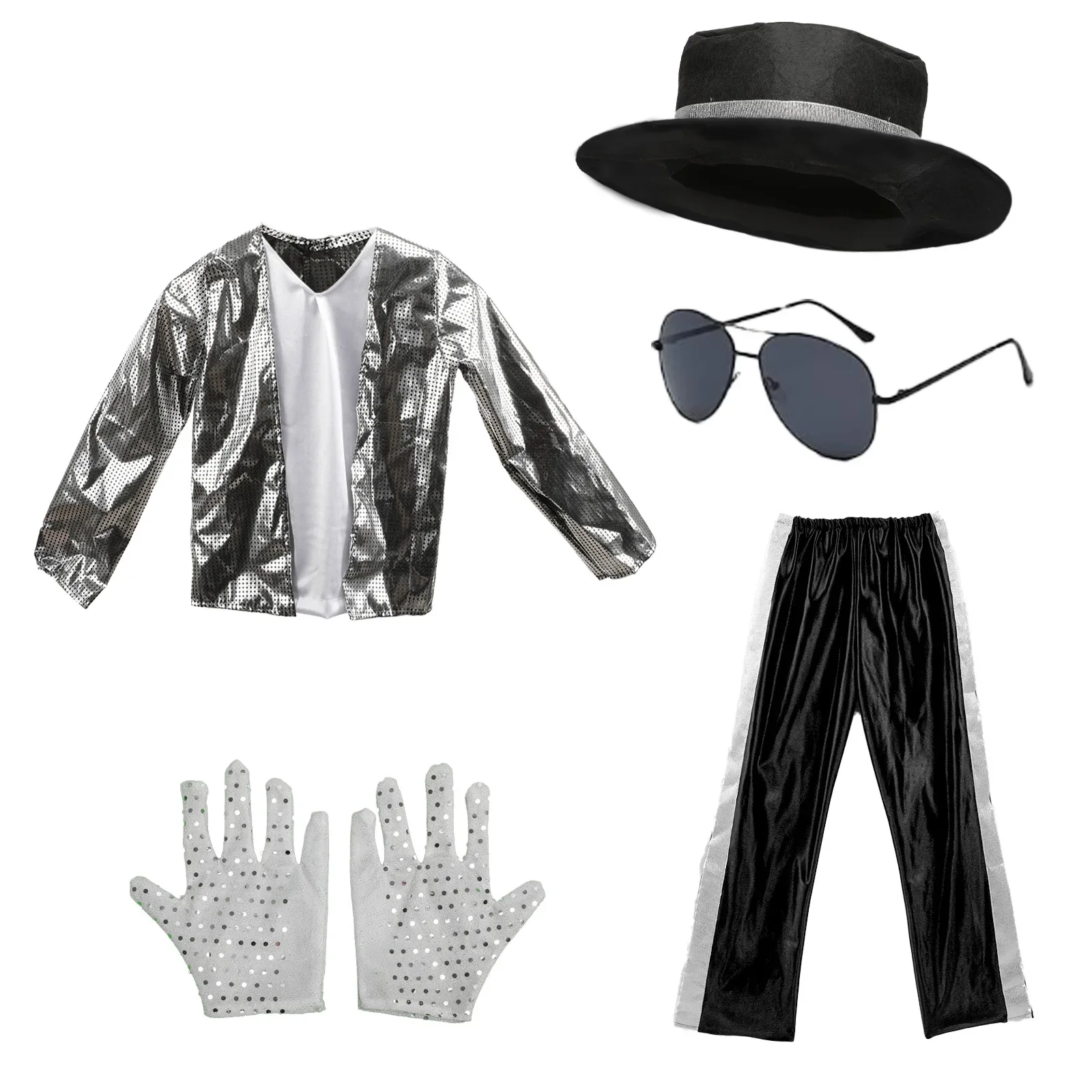 Kids Boy Michael Jackson Billie Jean Cosplay Black Suit Dance Disco Halloween Fancy Dress Up 80s Pop King Costume for Top Pants