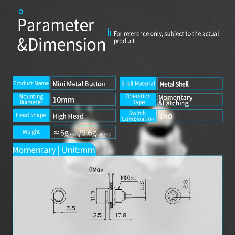 1 PCS,10mm Panel Hole ,Mini Round,Momentary / Locking,Metal Push Button Switch,High Head 2 Pin,Electrical Equipment,1NO,3A250VAC