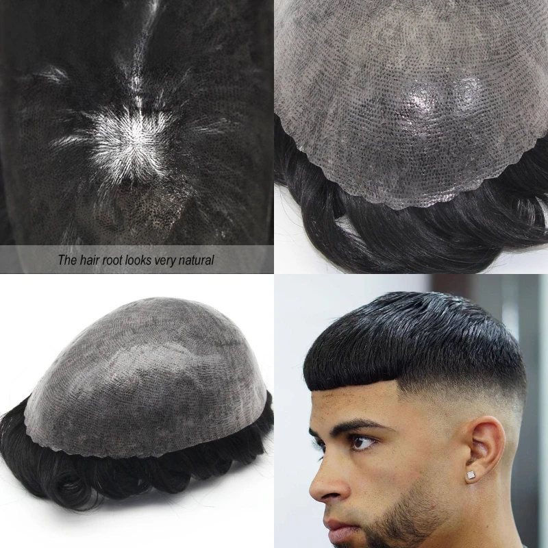 Injection Skin Toupee 0.12mm Durable Full Pu Wig For Men Natural Male Hair Prosthesis 100% Human Hair System Capillary Man Wig