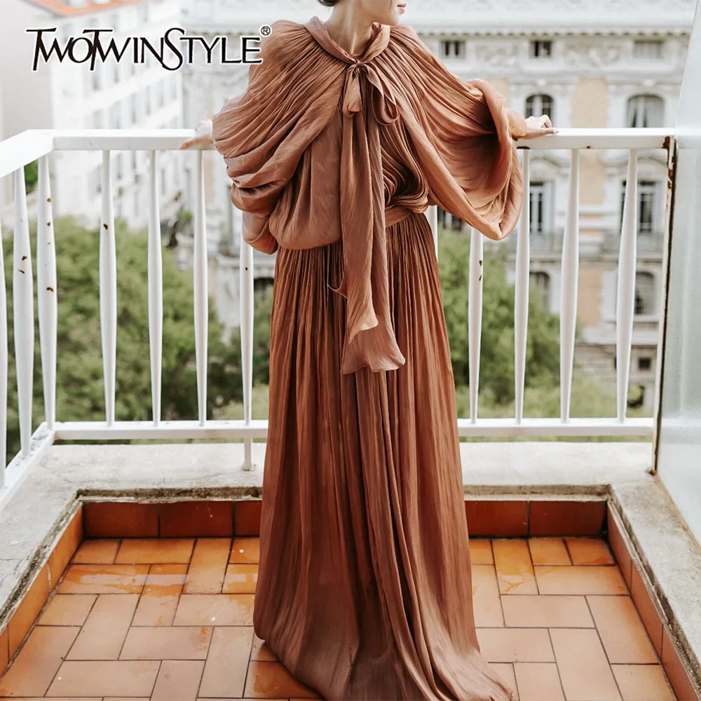 TWOTWINSTYLE Solid Elegant Chic Dresses For Women Stand Collar Long Sleeve High Waist Patchwork Lace Up Dresses Female Style New 1