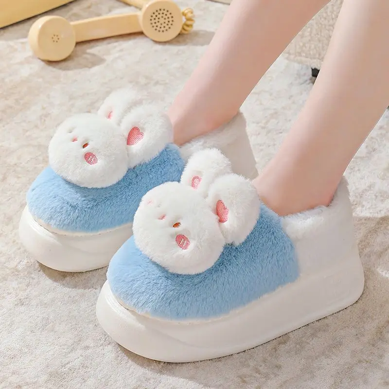 

Princess Bunny Slippers Women's Winter Warm Platform Mule Shoes Girls Cute Lace Rabbit Ear Slipper Woman Fluffy Slides Home Shoe