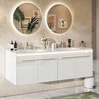 60" LED Floating Bathroom Double Vanity with Sink Combo, Modern High Gloss Wall Mounted Bathroom Storage Cabinet White 1