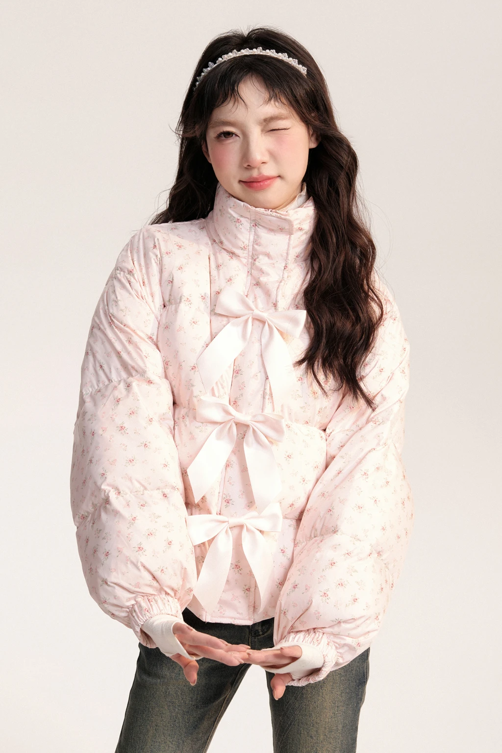 Sweet Cute Korean Women's Long Sleeve Stand-up Collar Down Jacket Elegant Fashion All-Match Bow Floral Warm Thick Down Jackets