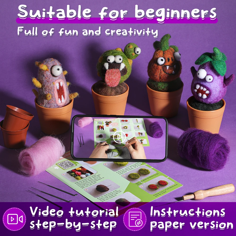 Wool Needle Felting Kit Felt Plant Vegetables Team Monster Kit for Beginner with DIY Needle Felting Supplies and Instruction