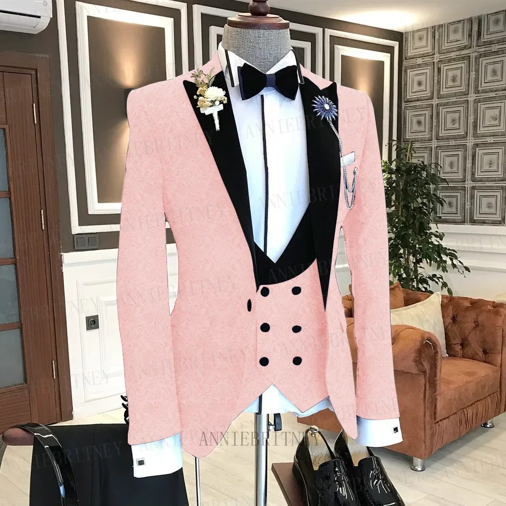 New Business Suit Men 3 Pieces Jacquard Red Jacket Fashion Groom Wedding Suit Tuxedo Blazer Double Breasted Vest with Pants Set