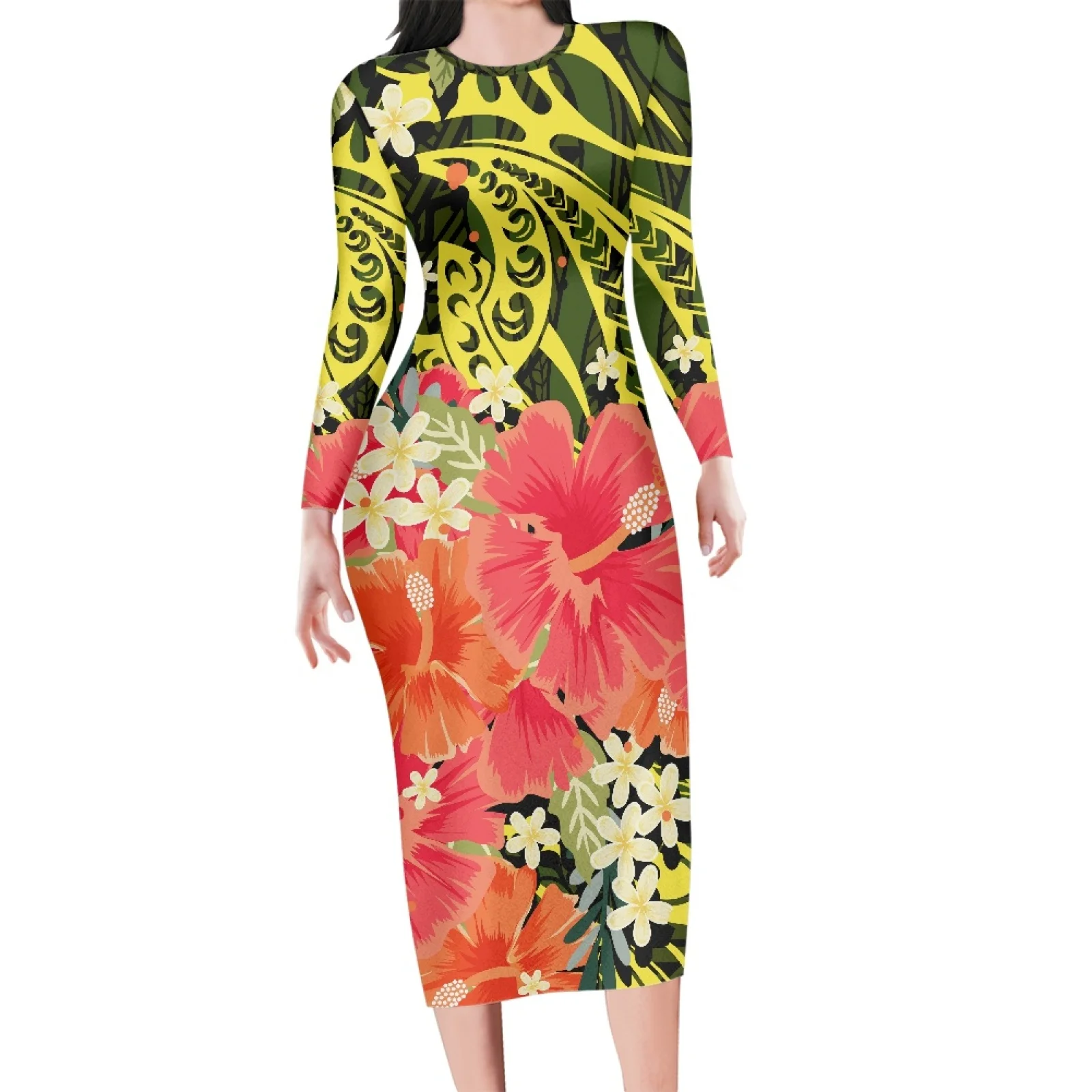 

Colorful Pencil Dress For Women, Polynesian Tribal, Tongan Totem, Tattoo Tonga Print, Casual Gold Hibiscus Flower, Wedding Dress