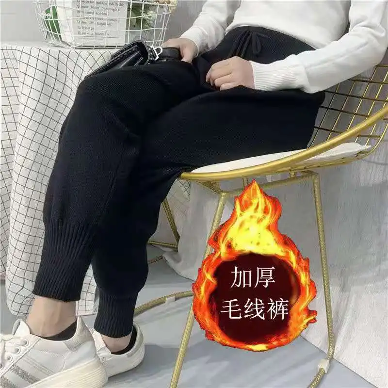 Knitted Pants Women High Waist Ankle-Length Pants Ladies Office Stretch Baggy Pantalones Autumn Winter Lace Up Casual Trousers