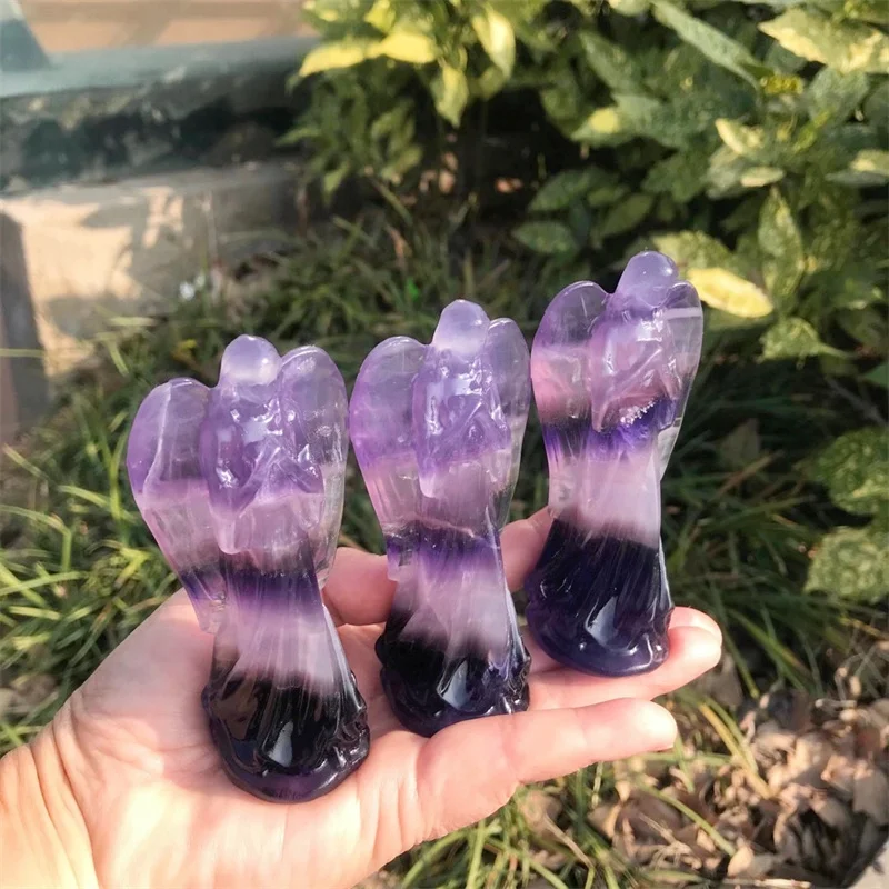 

Natural Pink Rose and Purple Fluorite Quartz Stone Hand Carved Angel Figurine Wings Home Decor ornaments Crafts