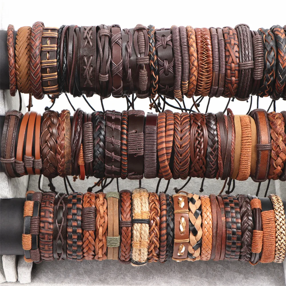 Großhandel Groß 50 Teile/los Handgemachte Manschette Handgelenk Leder Armbänder Für Männer Frauen Schmuck Geschenke Mix Stile Größe Einstellung – Detail 9