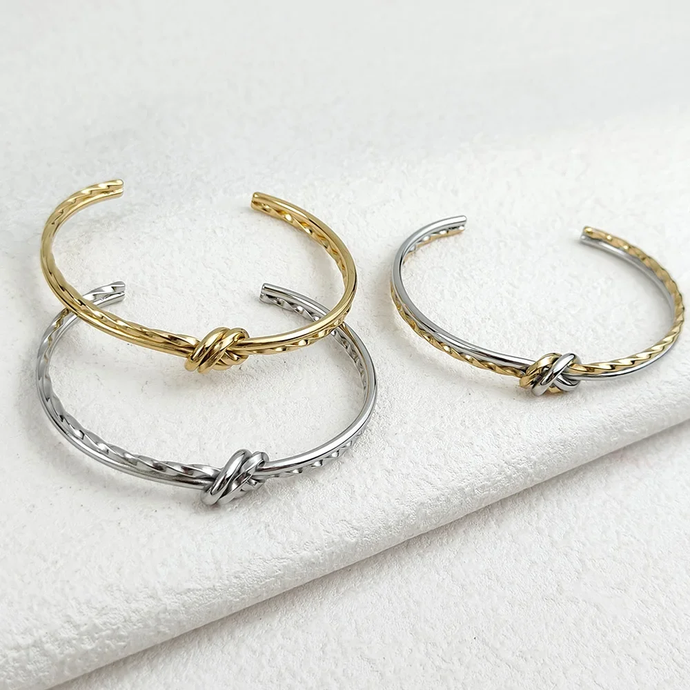 New C-shaped Knot Double Color Braided Wrap Bangles for Women Stainless Steel Jewelry Gold Silver Bracelets Valentine's Day Gift 4