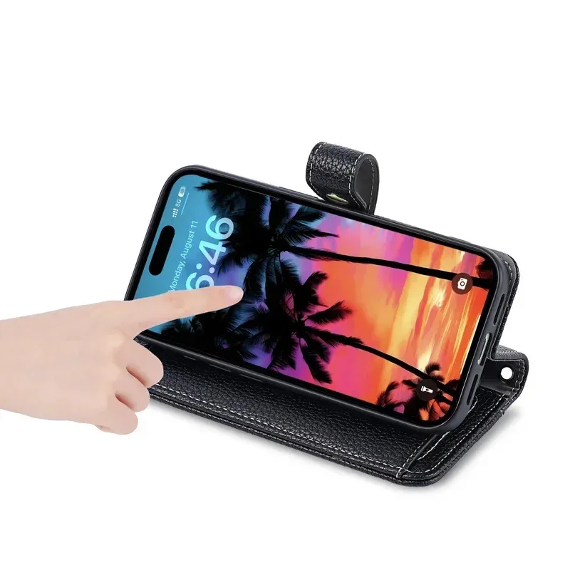 Leather Zipper Wallet Phone Case with Card Holder and Crossbody Lanyard Strap