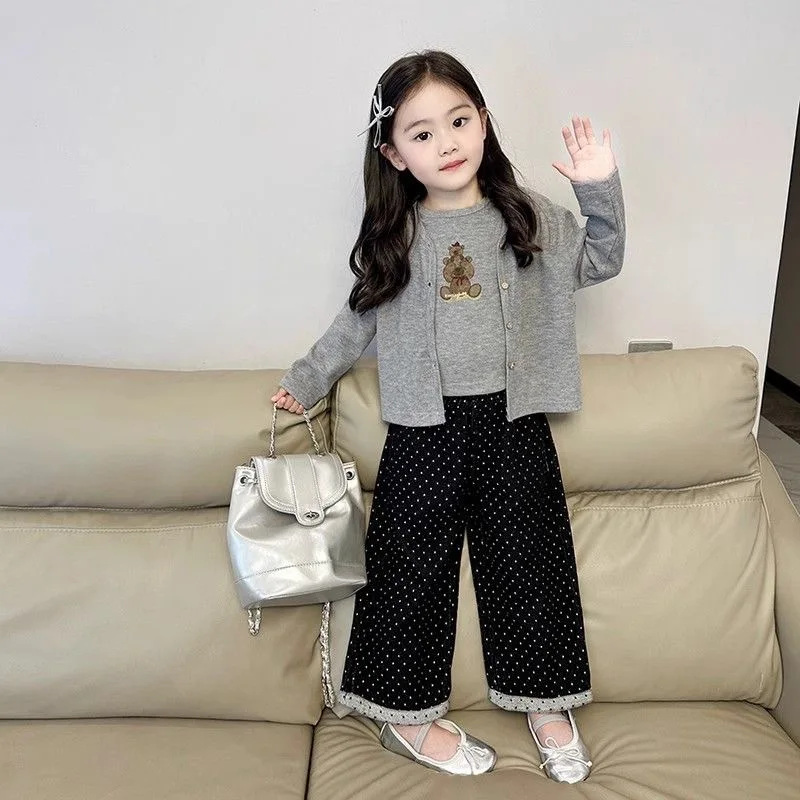 الخريف الاطفال الفتيات 2 قطعة مجموعة الملابس القطن الدب المطبوعة سترة علوية الصلبة لينة سترة الدعاوى فضفاضة عادية نقطة واسعة الساق بانت وتتسابق