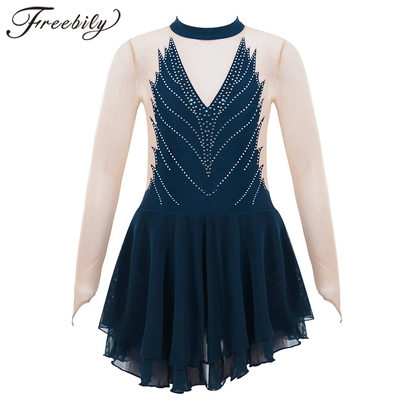 

Kids Teen Mesh Long Sleeve Roller Figure Ice Skating Dress Girls Ballet Leotard Dress Gymnastics Costumes Children Dance Wear