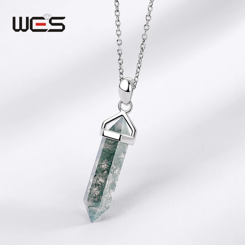 WES 925 Sterling Silver Bullet Shaped Pendant Necklace for Woman Natural Stone Moss Agate Hexagonal Prism Party Gifts