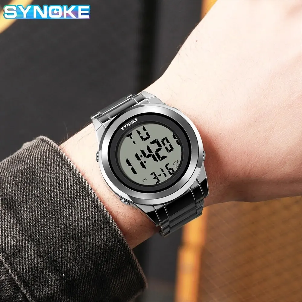 SYNOKE Top Brand Luxury Stainless Steel Alarm Hour For Mens Watches Fashion LED Men Digital Wristwatch Waterpoof 5