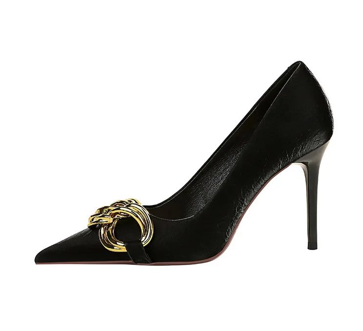 Women 7.5cm 9.5cm High Heels Escarpins Pumps Lady Metal Chain Low Heels Fetish Nightclub Slim Fit Party Green Office Prom Shoes